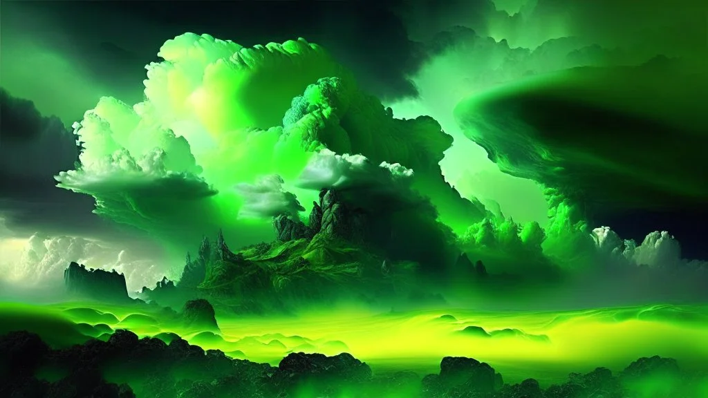 Phantasy landscape with dramatic cloud in peridot color