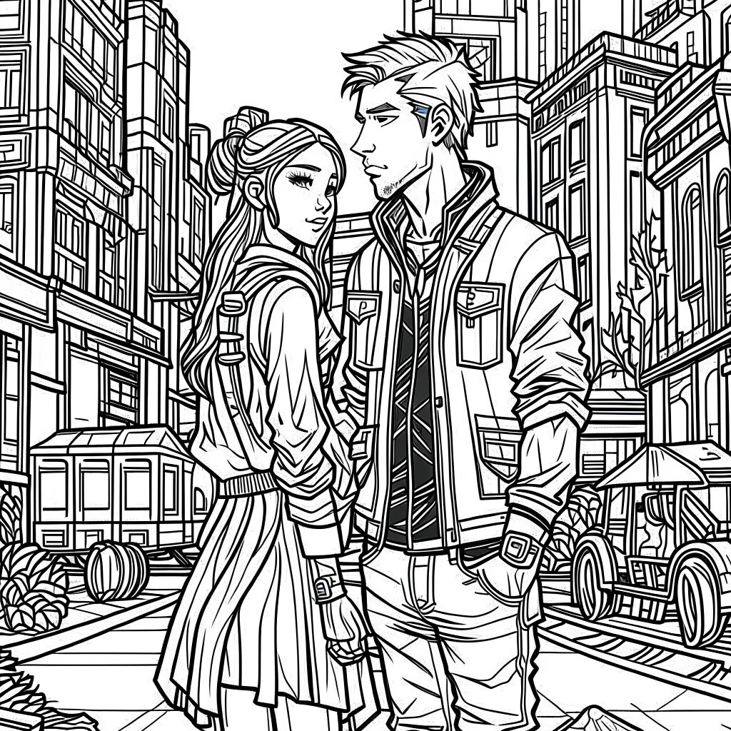 Cyberpunk style, coloring book page, cartoon modern style, couple love in city, whole couple view