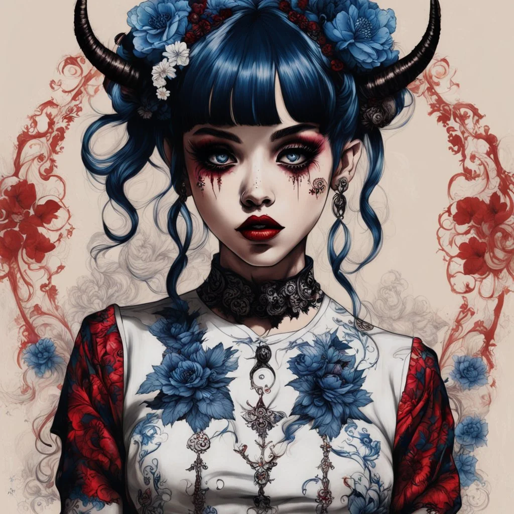 wears a smart shirt which is embroidered with bluered flowers and ornaments, has dark eyes and horns,Poster in two gradually, a one side malevolent goth vampire girl face and other side the Singer Melanie Martinez face, full body, painting by Yoji Shinkawa, darkblue and sepia tones,