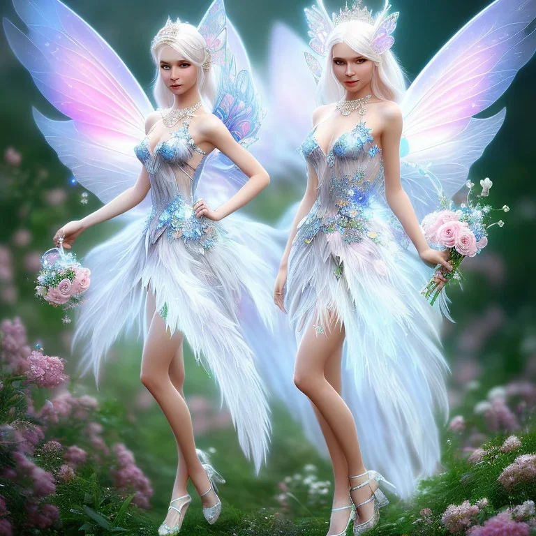 cute fantasy fairy with transparent wings, smiling, blue eyes, make up, long platinum blond hair with crown and flowers, pink dress, unity engine