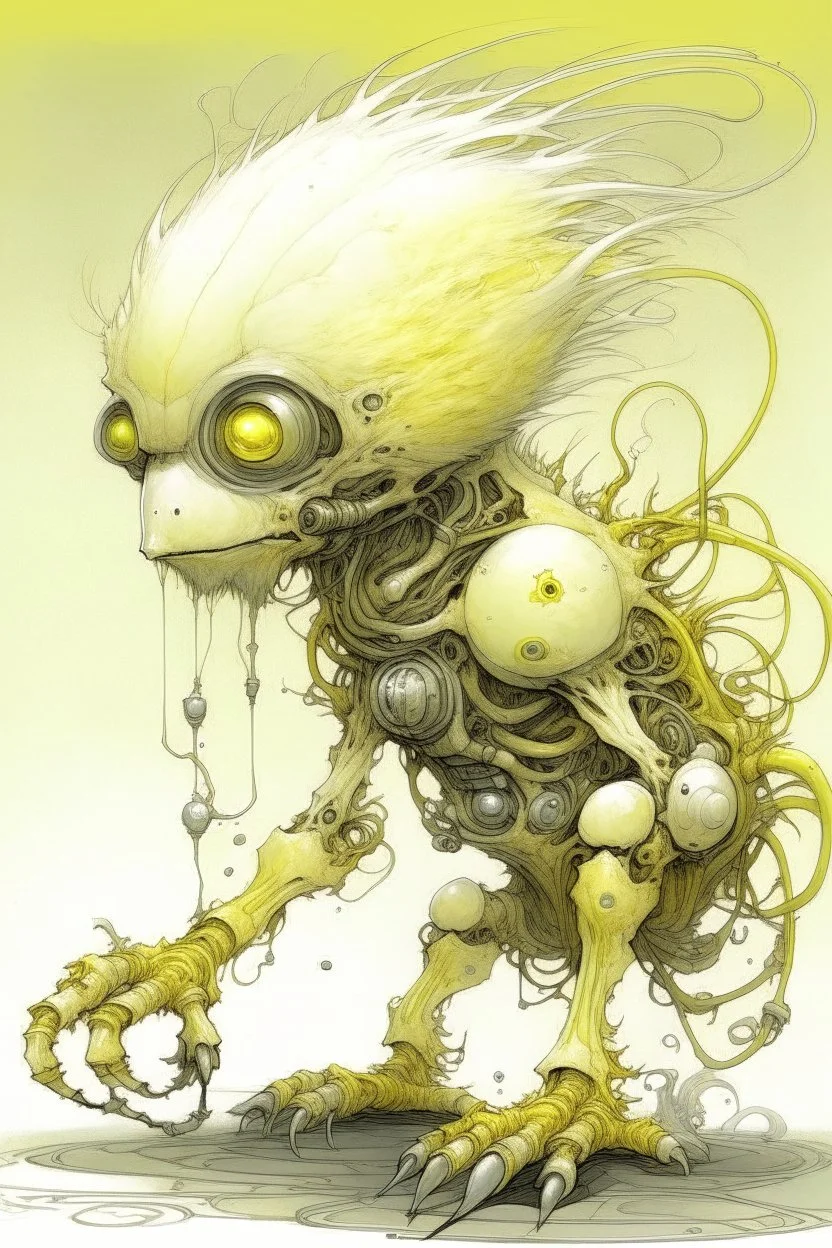 Artist Jean-Baptiste Monge style. A mechanical humanoid pale yellow filament-creature. White furry liquid tendrils. White eyes.