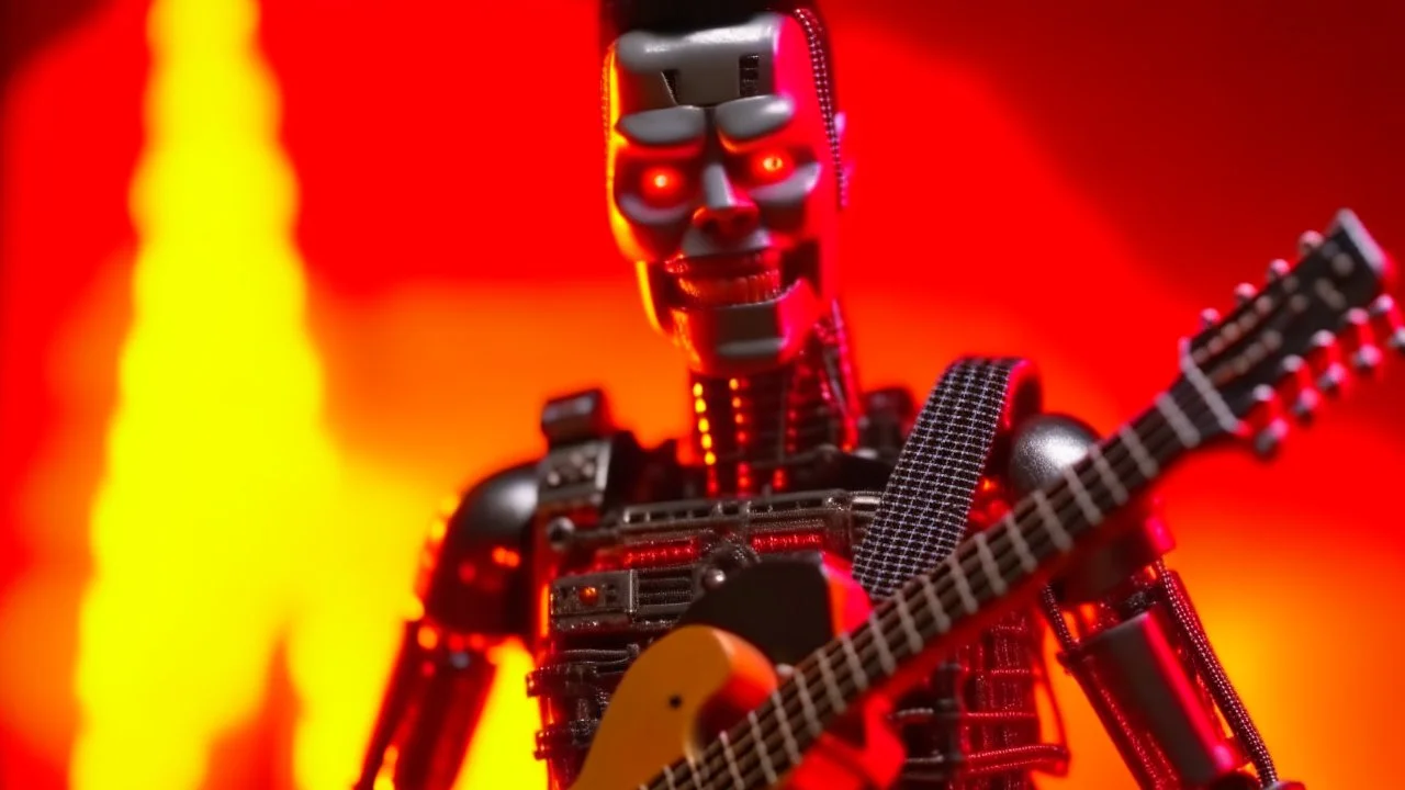 4K portrait of the real-life. Maximum details. Terminator robot playing guitar, firestarter, radio broadcast logo, flames in the background. Radio hard rock