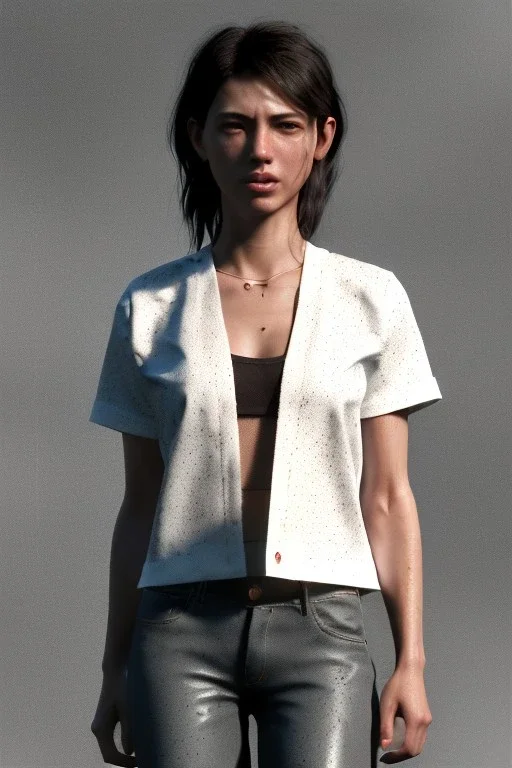 Ultra Realistic image, 25 years old brunette woman, Madrid, portrait, small stature, small chest, yakuza body tattoo, white broken cotton short undershirt, black latex short, rain, fog, street night Tokyo background, vibrant color, highly detailed, art stations, concept art, smooth, unreal engine 5, god rays, ray tracing, RTX, lumen lighting, ultra detail, volumetric lighting.