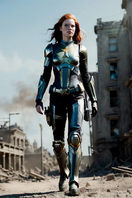 ultrarealistic, ruined city,__skimpy sci-fi armor__, __angles__, 18 year old woman, strikingly beautiful,ginger hair, _colour_, [__starlets__|__starlets__], (pale __skincolor__ skin:1.2), __camera__, _hair_, detailed face and eyes, medium breasts, leather choker, freckles, dynamic pose, resolved expression, __accessory__, strappy outfit, (straps:1.1), sword in scabard on left hip, (buckles, buttons, snaps, rings:1.0), haltertop style breastplate, detailed eyes, plump lips, sci-fi theme