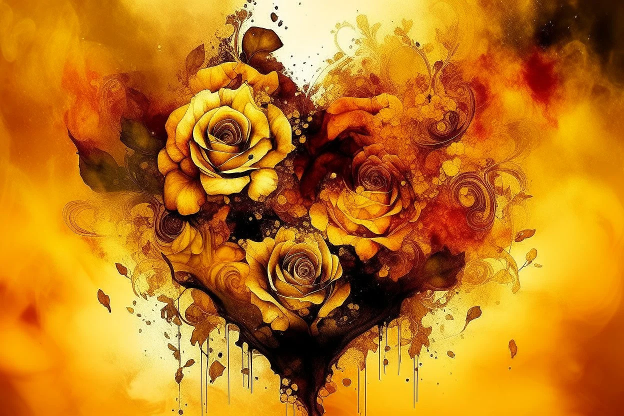 double exposure, merged layers, roses with dynamically blazing fire in ochre, ink splatter art, watercolor and ink, golden glitters, double exposure heart and love