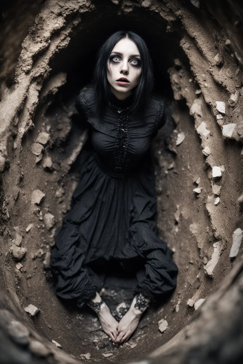 Closeup tall Girl goth with big eyes, ragged clothes, fullbody, claustrophobic really, crushed inside, the perspective looking up from the bottom of an empty well , 8k,macro photography,