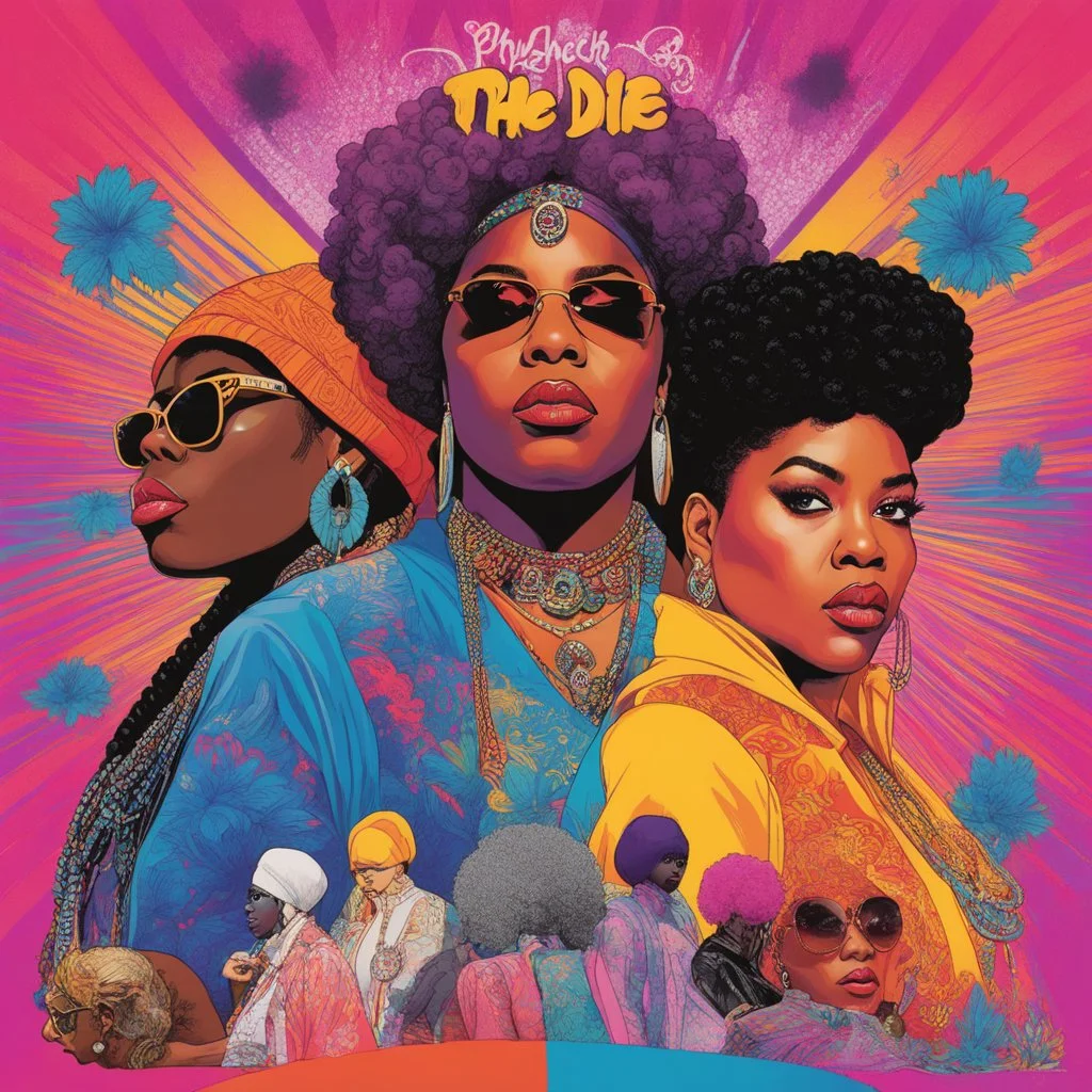 women of hip hop [physchedelic album cover illustration colourful Ready To Die by The Notorious B.I.G.] Salt and pepper, Shay, Queen Latifah, Roxanna chanté