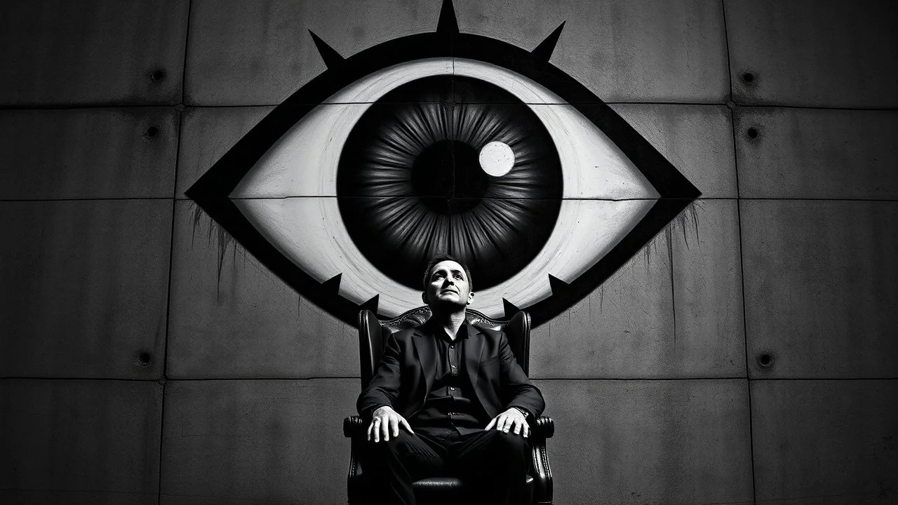 The image is a black and white photograph of a man sitting on a chair in front of a large, menacing eye. The eye is large and round, with a large pupil in the center and sharp teeth radiating outwards. The man is looking up at the eye with a serious expression on his face. The background is a concrete wall with a grungy texture, and there are small holes scattered throughout the image. The overall mood of the image is dark and eerie.