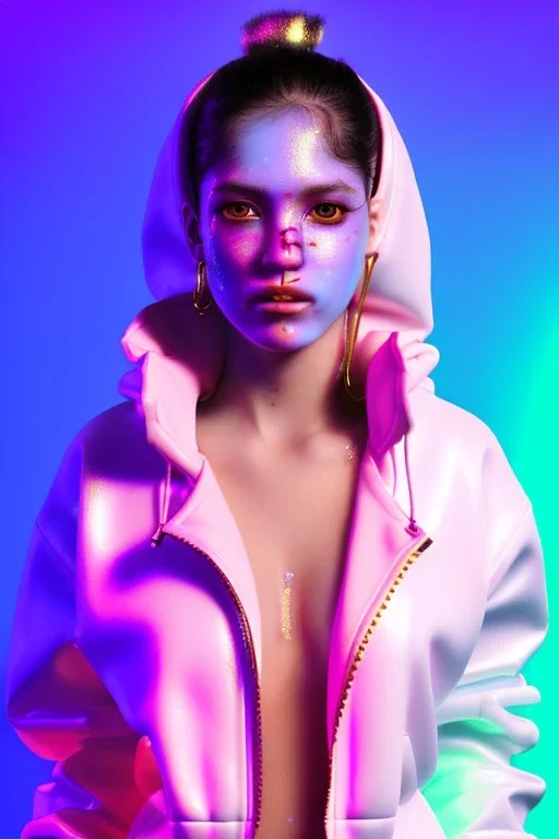 Ultra Realistic image, Rosalía artist, portrait, waist up portrait, long black eye line, sweet face, inflatable hoodie, gold pink and blue style, spray glow make up, led lights, neon, rings piercing nose, led ornament, fog, bubble latex coat, vibrant color, highly detailed, art stations, concept art, smooth, unreal engine 5, god rays, ray tracing, RTX, lumen lighting, ultra detail, volumetric lighting, 3d, finely drawn, high definition, high resolution.