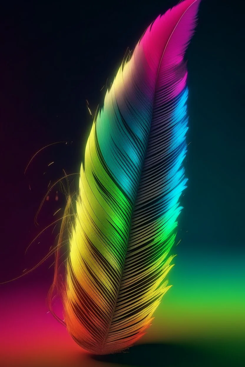 Create image of a large feather standing upright with a rainbow in the background. The right side of the feather is breaking up into tiny triangles and separating from the rest of the feather as it drifts off to the right. Highest resolution photo realistic quality, (Lumix G9II/ Olympus Pro 40-150), professional camera (zoom), edge lighting, cinematic lighting, translucency, extrusion and value change of gradient, specular attenuation and contrast 18K UHD