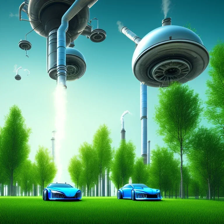 energy, power plant, technology, future, flying cars, green trees, blue sky, peoples