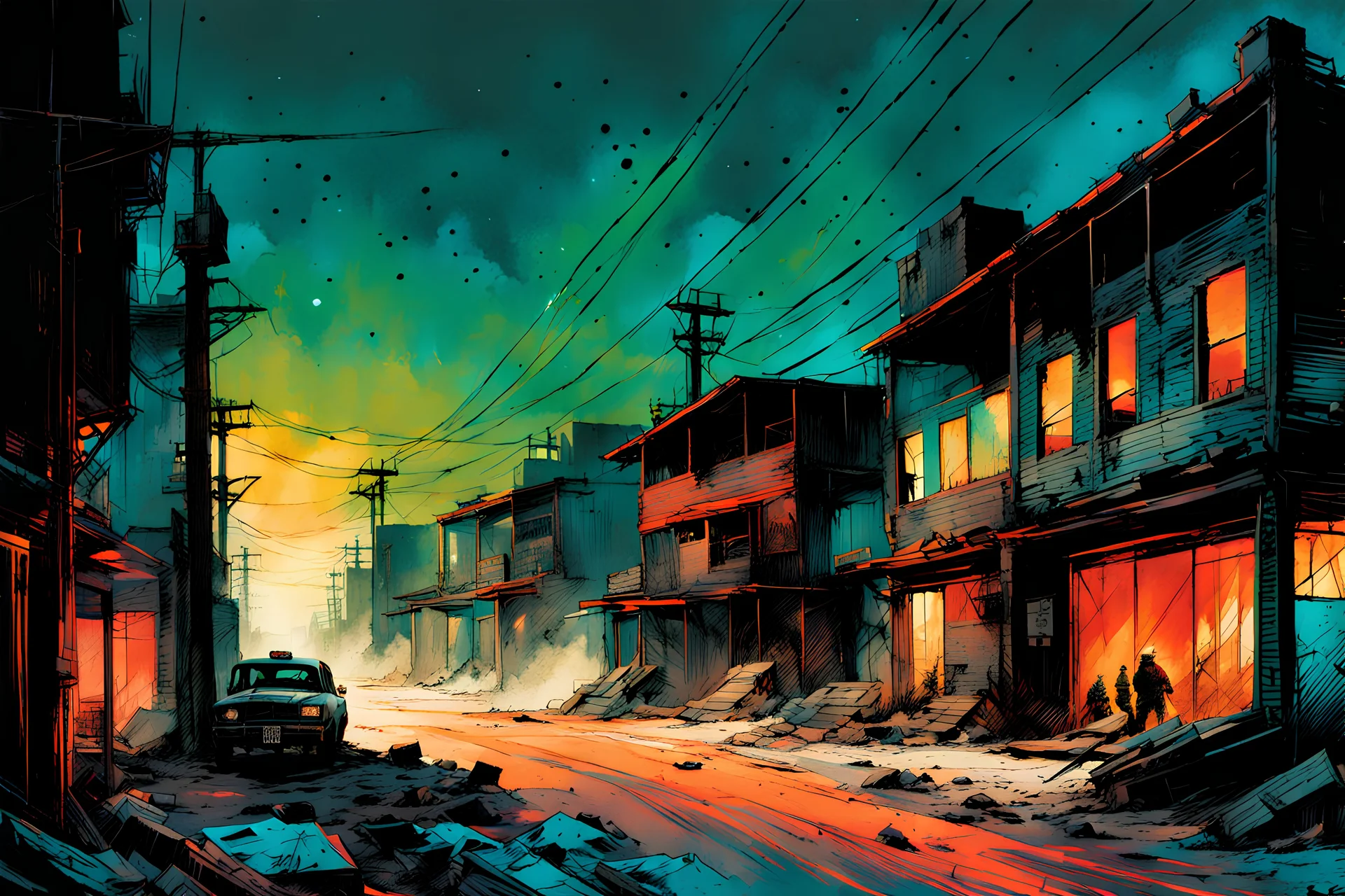 create a hyper detailed illustration of a small post apocalyptic ghost town in the comic art style of FRANK MILLER and BILL SIENKIEWICZ, searing lines and forceful strokes, precisely drawn, boldly inked, with gritty textures, vibrant colors, dramatic otherworldly lighting