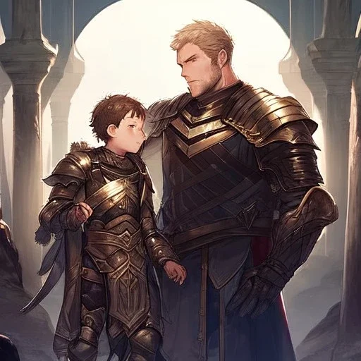 Boy wearing leather armor with family