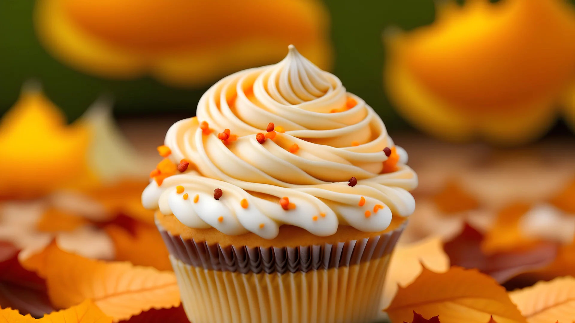 frosted iced caramel cupcake with srpinkles autumn fall leaves background