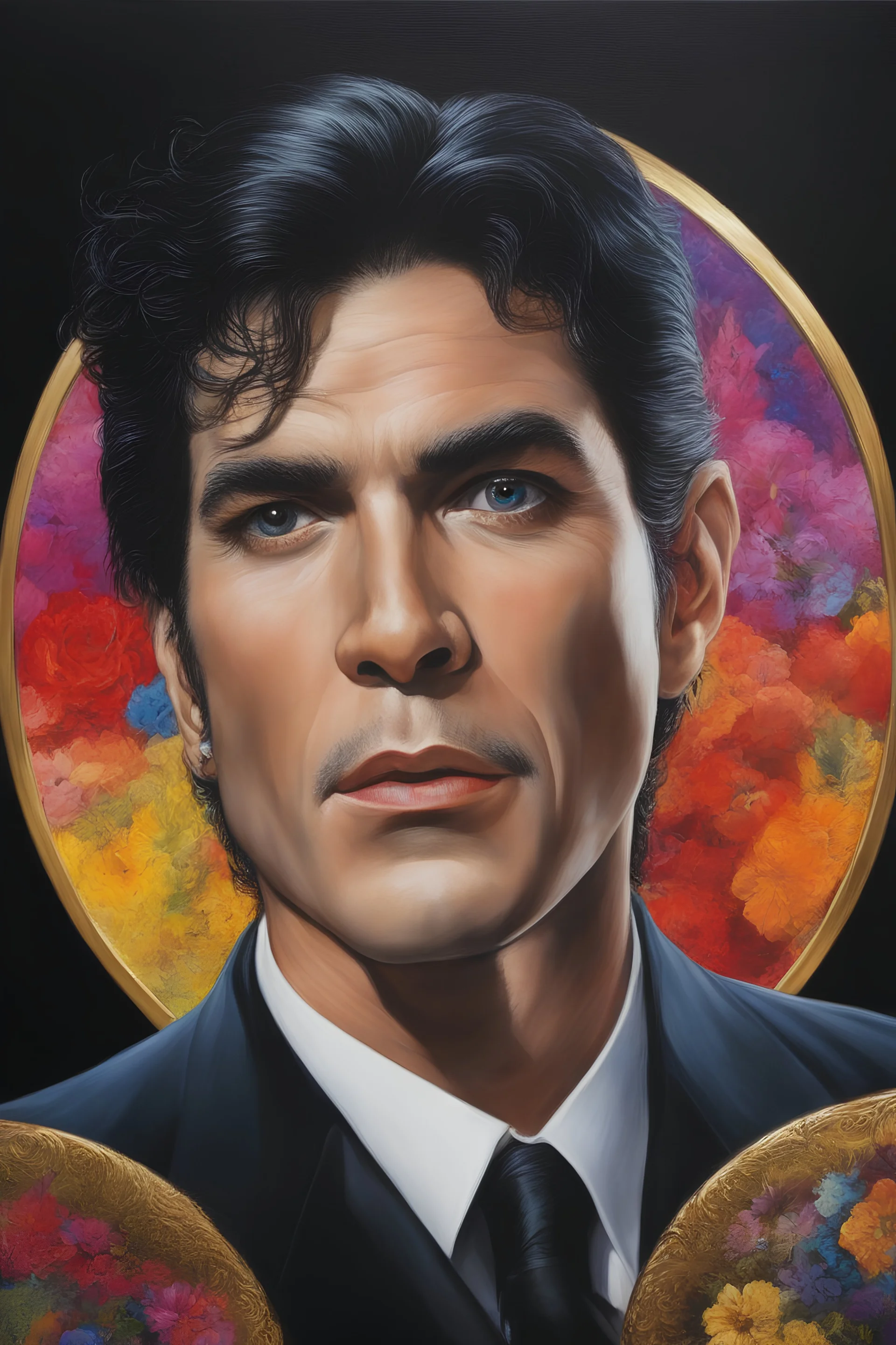 Count Dracula's face inside a small gold circle, Michael Jackson/Henry Cavill/Leonard Nimoy, multicolored, large, Floral/rainbow designs, atmospheric, beautiful, bright, vibrant colors, pitch-black background, oil painting by Boris Vallejo, 4k UHD, Photorealistic, professional quality