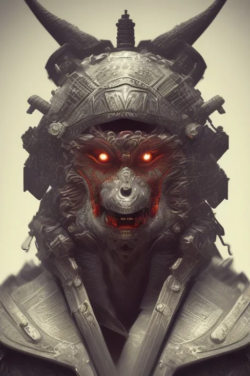 Furious rage, samurai warrior mask, close-up, macro lens, centered camera, intricate details, small minutiae, tiny features, particulars, colorful, 8k, least ambient occlusion, volumetric lighting,