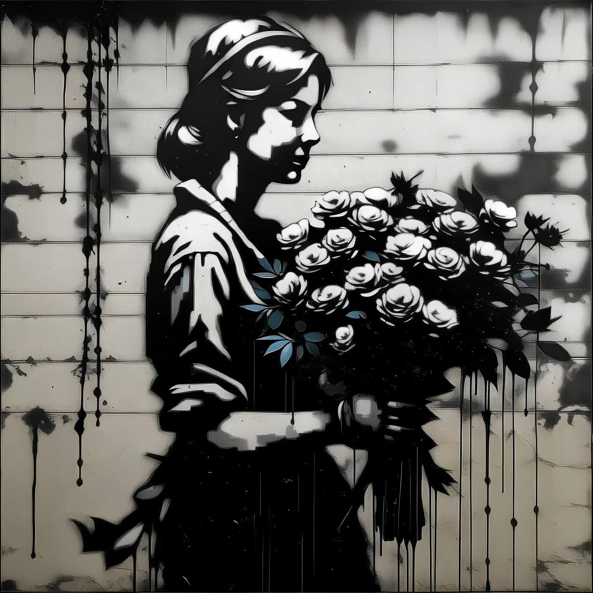 a woman in love with a woman, she looks proud, black flowers, style of banksy