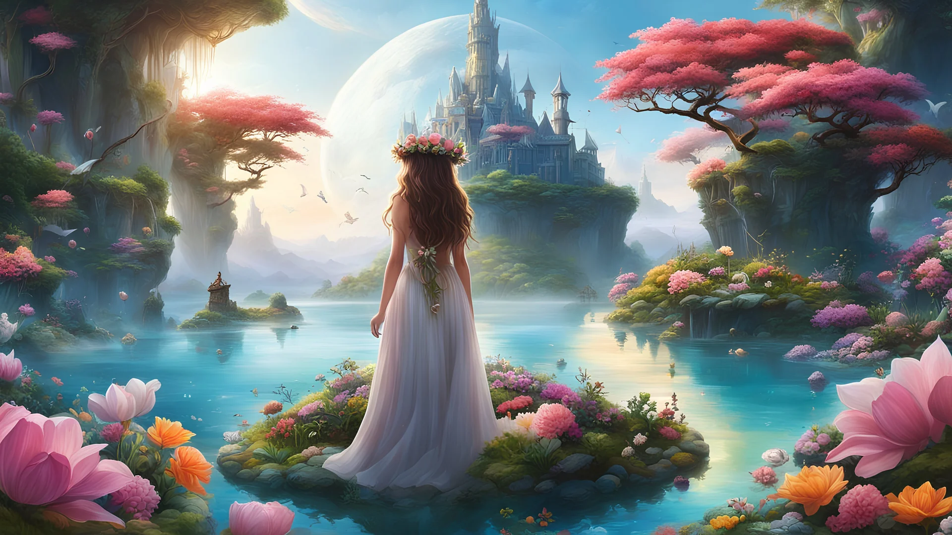 (high quality:1.4), (best quality:1.4), (masterpiece:1.4), official art, official wallpaper, surreal, beautifulgoddess, (1woman:1.1), (long wavy hair:1.1), (flower crown:1.1), (mystical creatures:1.1), (floating islands:1.1), (detailed landscape:1.1), (magic in the air:1.1), (stardust:1.1), night sky, (whimsical atmosphere:1.1), (dreamlike world:1.1), (bubbles:1.1), flying books, (luna moths:1.1), (moonlight:1.1), enchanted forest, (wisdom:1.1), (powerful energy:1.1), (guardian angels:1.1),