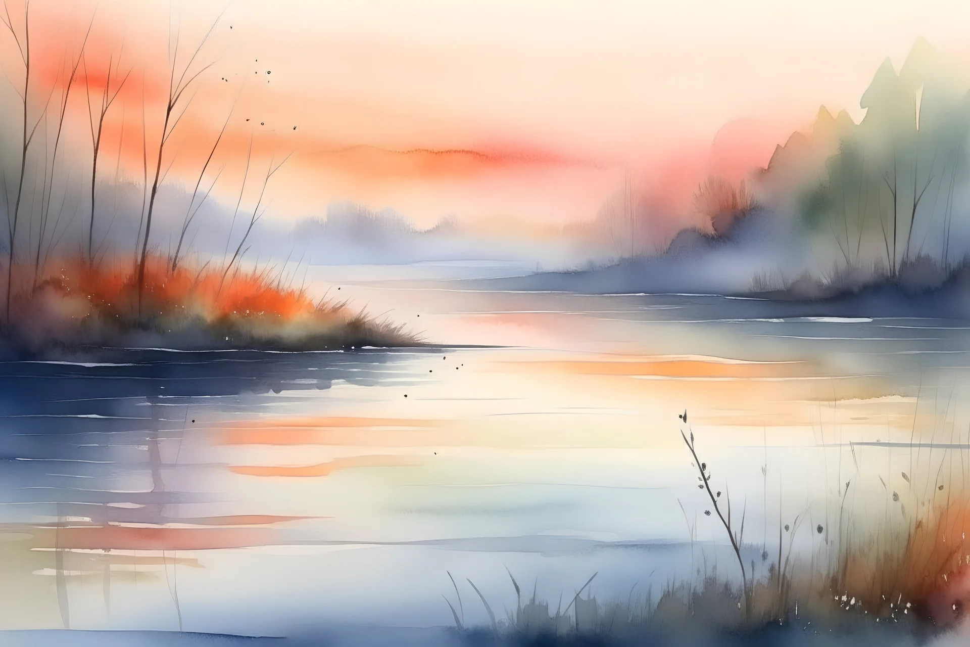 beautiful lake sunrise on a misty morning. in the hieght of fall. Pastel colours Vintage Watercolour art