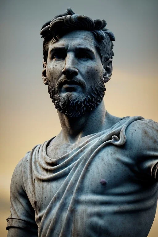 Ultra Realistic image, roman sculpture, deluxe marble material, Lionel Messi, gold Laurel wreath, Renaissance style, miguel angel David style, chisel style, emperor, waist up portrait, epic, celestial, cinematic lighting, God light, god rays, 4k resolution, smooth details, ornate details, unreal engine 5, blue vibrant background.