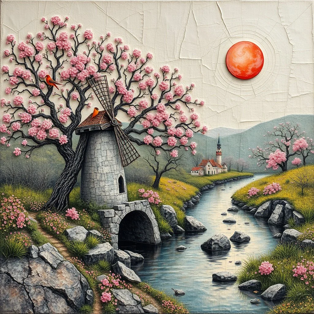 Pedro Friedeberg, Catrin Welz-Stein, Cecilia Frigati, Ton Dubbeldam, Escher and Fibonacci extremely textured abstract acrylic painting with a network of very fine cracks on worn canvas: a watermill in a storybook village in a flowering zentangle spring landscape with a river, with majestic old trees with gnarly blooming branches and birds in iridescent light pink-red colours perched on them, patches of grasses, rocks, under a pink-orange sun. pop surrealism, 3D relief, soft tones, textured brush