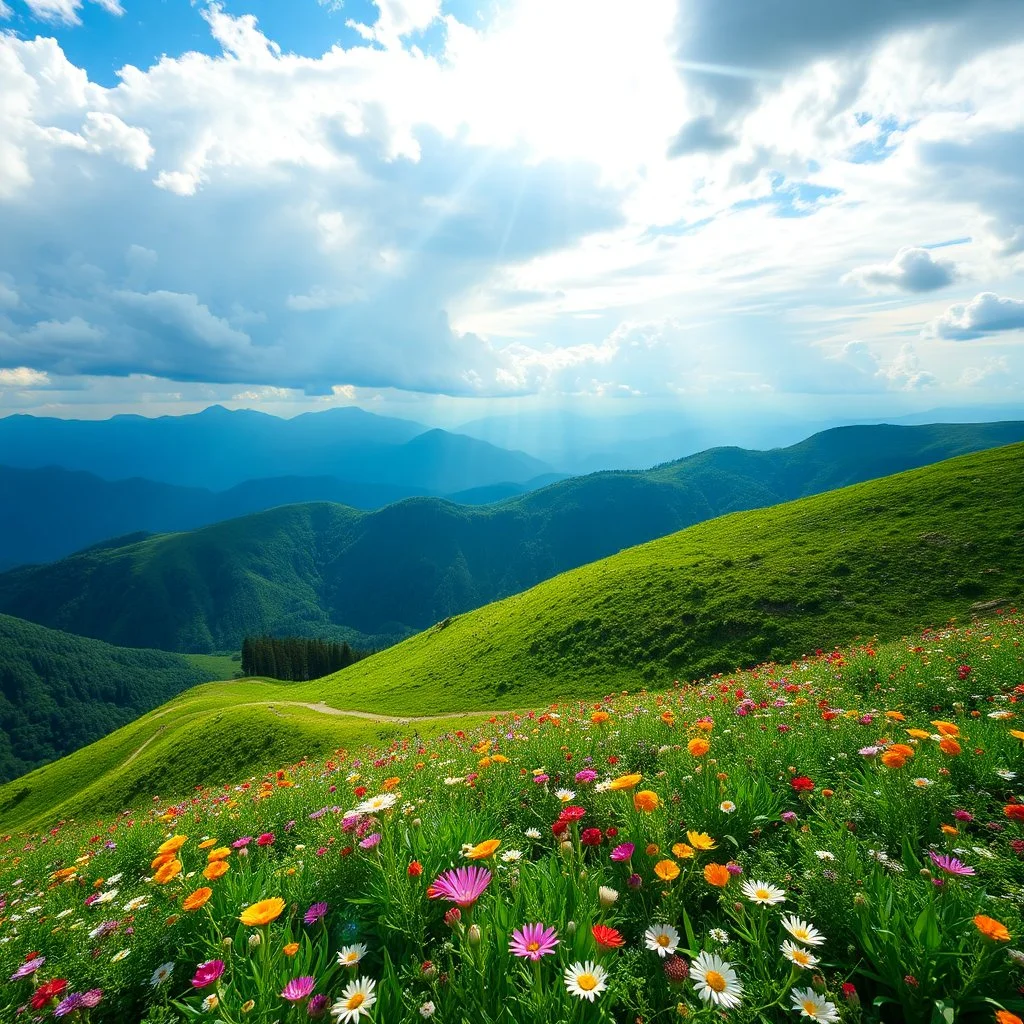 beautiful Green hills covered with flowers colorfull ,blue sky heavy clouds with godray ,very nice flowers at closeup ,wonderfull mountains at distance,beautiful lady clibming at hills full body shot