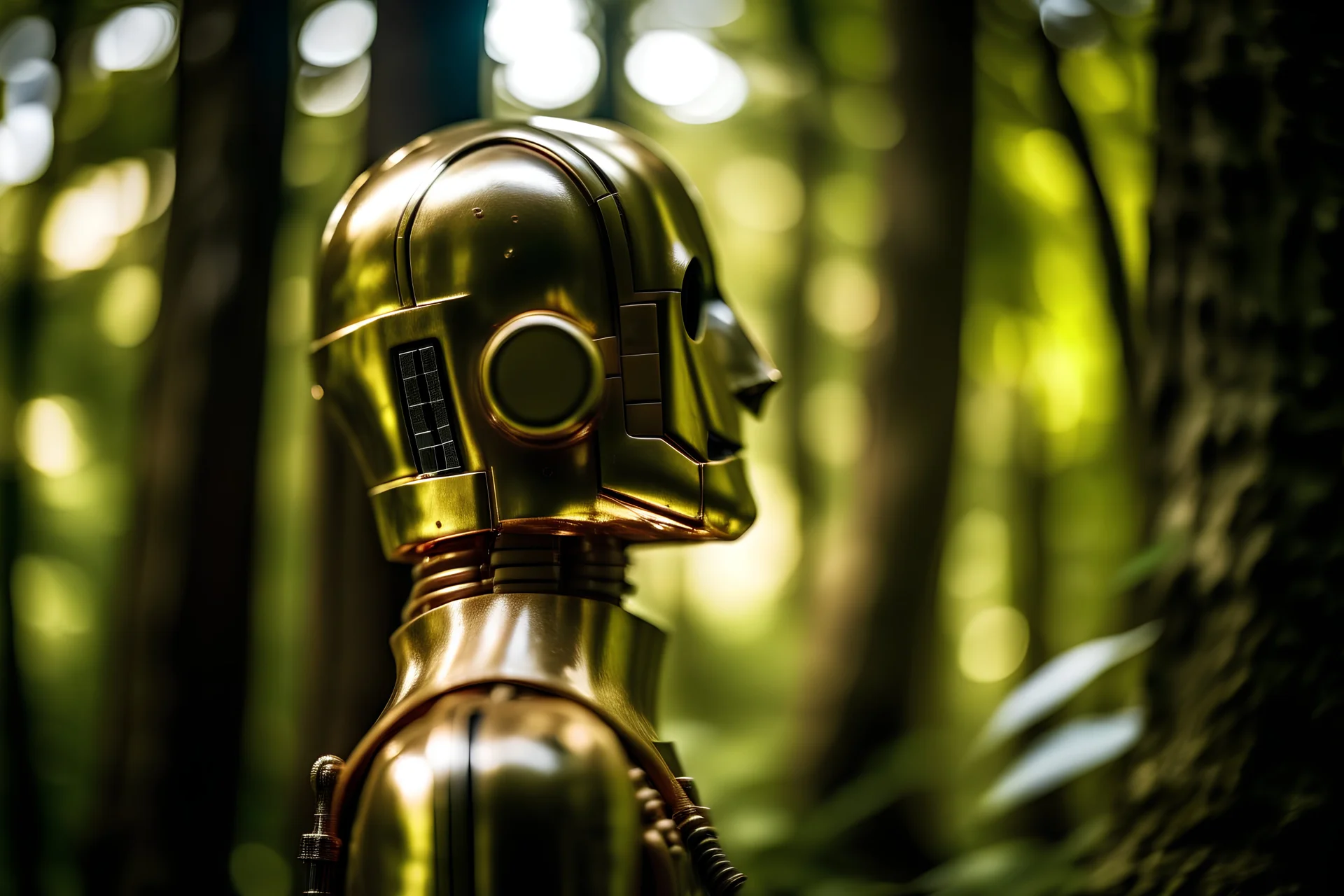 C3PO en mitad de un bosque de hayas, primer plano y mirando de perfil, fotografía, disparo realizado con una cámara Leica, objetivo 35 mm, retrato, fondo desenfocado