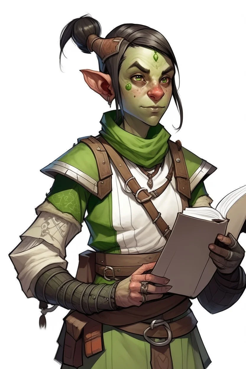 Dungeons and dragons half orc tomboy. She has green skin and pointy ears. She is kind. She had a wide face. She has short hair. She carries a book. She is in a tavern. Realistic style