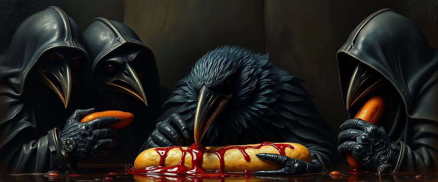 master oil painting by Rembrandt, good afternoon bitch scary blood sparrow, the most dreaded sparrow, close up, in dark blood bath, blood dripping, evil big eyes, scary clothes, like a count, he is eating a hot dog with a bunch og dark knights