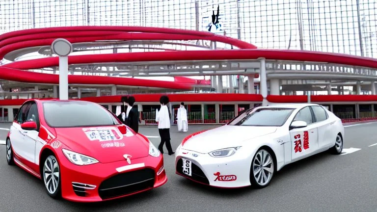 A Tesla's 'Model S Plaid' is racing at top speed, across the 'Nagashima Spa Land', in Kuwana, in Japan. CINEMATIC. WIDE ANGLE LENS.