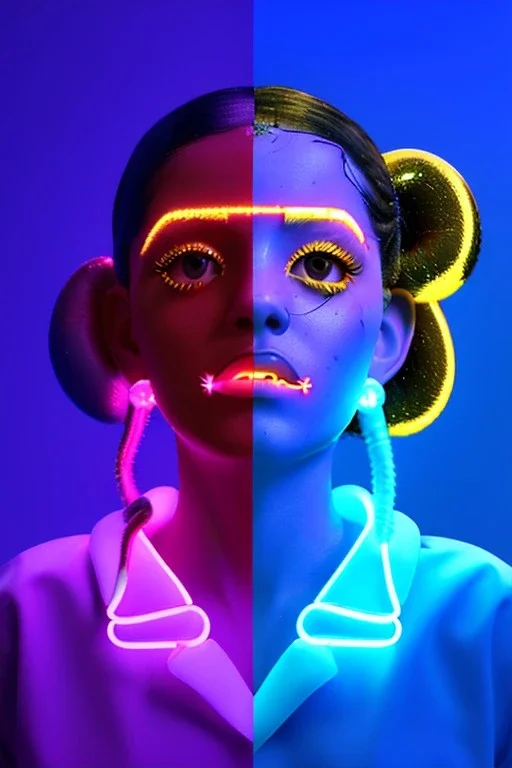 Rosalía artist, Realistic image, natural waist up portrait, perfect eyes, glow eye, black eye line, sweet face, pigtails hair, spray line make up, geometric, gold, big rings piercing, led ornament, bubble latex coat, inflatable, cold, led lights, geometric, neon, pink, blue, gold, vibrant color, highly detailed, art stations, concept art, smooth, unreal engine 5, god lights, ray tracing, RTX, lumen lighting, ultra detail, volumetric lighting, 3d, finely drawn, high definition, high resolution