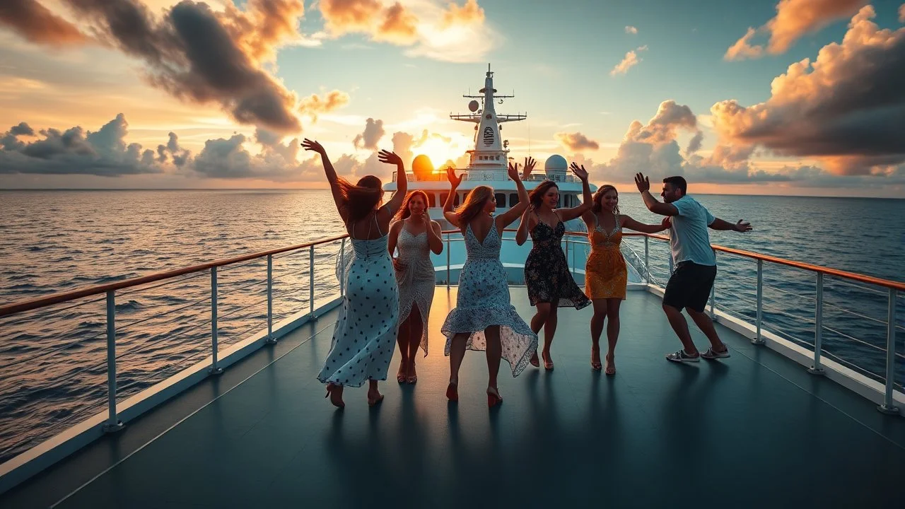 a group of young ladies and young men are dancing to camera on deck of a huge moder ship in oceion ,cloudy sun set sky