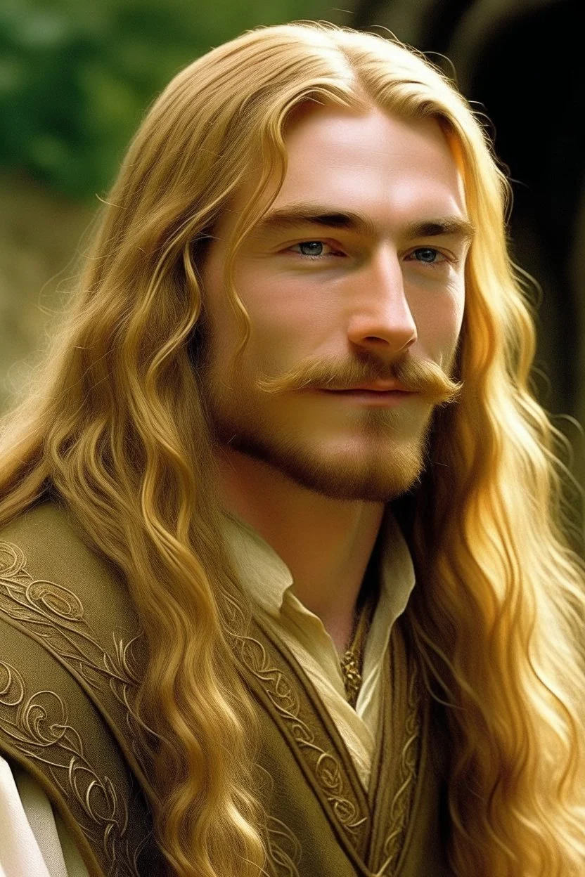 A young serene Lord Of The Rings like man with long golden hair that cascades gracefully. A short beard and no mustache. His open eyes, with blind pupils, reflect a depth of wisdom and inner peace. A gentle smile graces his face, adding warmth to his tranquil demeanor.