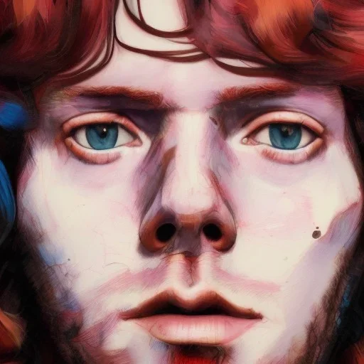 Photo of Jim Morrison , beautiful face, multi-hued red hair; in the style of martine johanna, draped in flowing fabric, ignore nsfw, colorful energetic brush strokes, realistic, sharp focus, 8k high definition, insanely detailed, intricate, elegant, art by martine johanna and artgerm