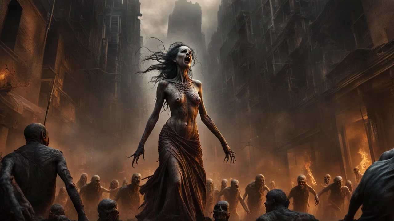 a horrifying death screaming female banshee leading an army of rotting zombies through burning city. the naked truth. fantasy setting. h.r. giger. armor melted into the skin. blood. intense horror. blind terror. scared to death. a masterpiece, fantasy concept art, dynamic lighting, hyperdetailed, intricately detailed, deep color, Unreal Engine, volumetric lighting, Epic cinematic brilliant stunning intricate meticulously detailed dramatic atmospheric maximalist digital matte painting