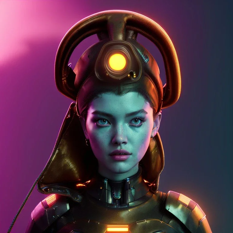 Pretty cyber woman, sci-fi, rounded face, black, gold, brown, samurai style, retro, simetric, neon style, a lot of led lights, fog, rain, leather, vibrant color, highly detailed, art stations, concept art, smooth, unreal engine 5, god rays, ray tracing, RTX, lumen lighting, ultra detail, volumetric lighting, 3d, finely drawn, high definition, high resolution.