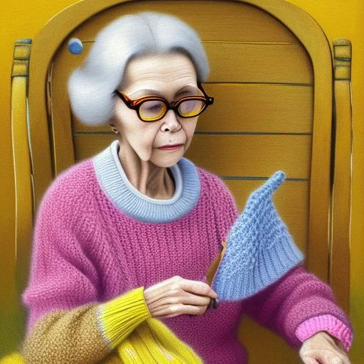 A whimsical painting of an 80-year-old grandmother knitting a yellow sweater on a bench in the boulevard, while next to her on the bench is a 5-year-old little girl knitting a small pink sweater, the grandmother with wild ginger hair and large green glasses, wearing a cozy mustard sweater and striped yellow tights. She sits on a bright yellow green bench, intently focused on her knitting needles and yarn. From around on the bench and on the floor, balls of yarn, a knitting basket and needles sur