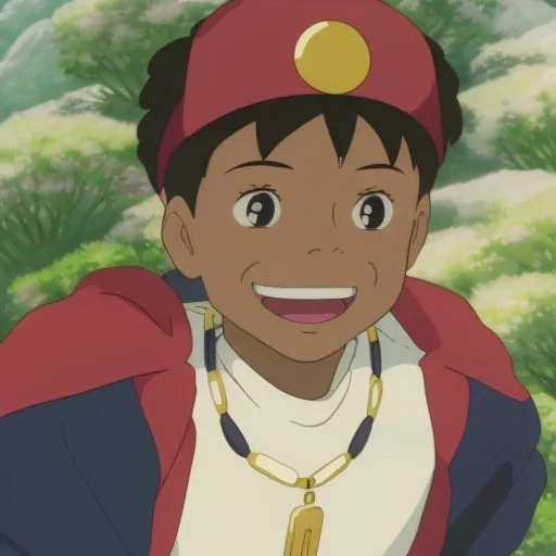 small black boy, smiling, running, wearing a jeweled cap with feather, two gold chains and a cloak over his doublet,