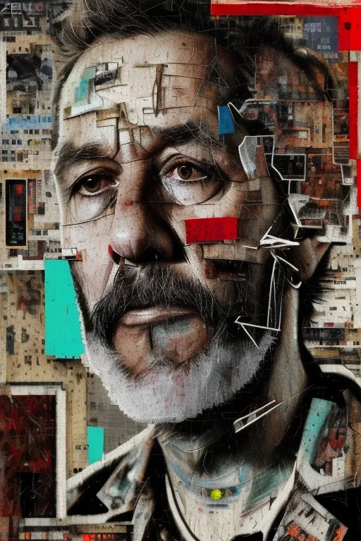 Zoomed in, Ultra detailed medium portrait painting of a tired middle-aged man, unshaved, worried look, suicidal, broken, torn up collage of clippings, broken circuitry background, matrix effects, punk visual art, punk art aesthetic, graffiti art, pop surrealism, collage art, cluttered paint glitches