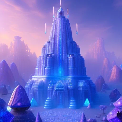 Aztecan blue crystal temple ! soft background | god rays | intricate | elegant | transparent blue and pink landscape | highly detailed | illustration | depth of field, luminosity, ultra sharp focus, ultra high definition