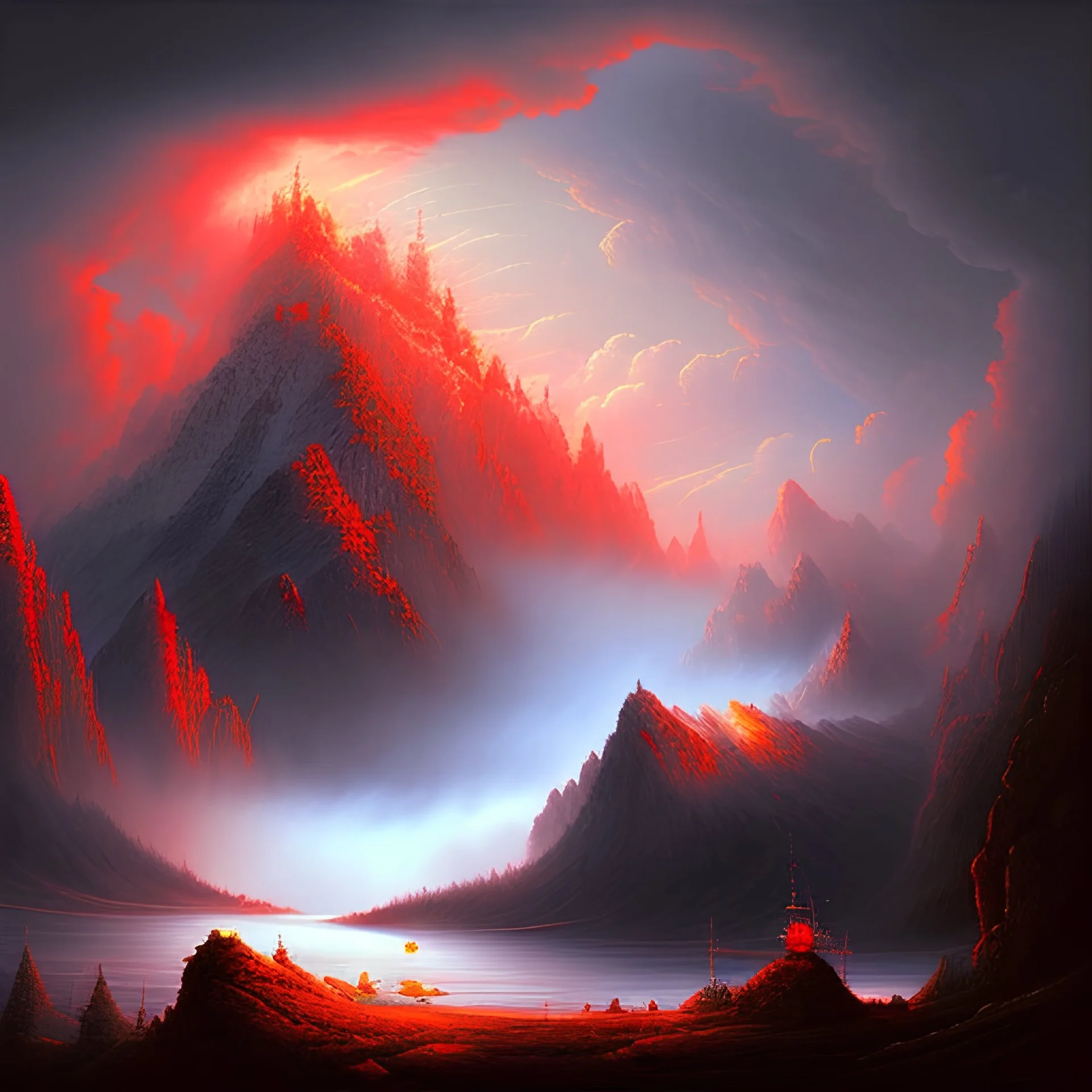 Big mountain with clouds and red thunders