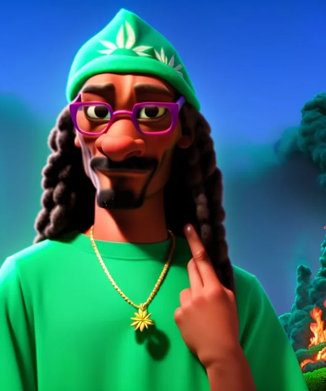 Snoop Dogg, marijuana with dollars burning, jungle background, hyper realistic