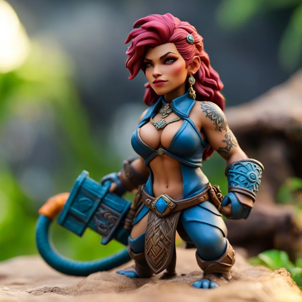boss fight studio figure of bokeh photo of hero forge model; tattooed Clara free spirit has lived on the island for as long as she can remember. She was raised by a tribe of monkeys However, that tribe was wiped out by the lizard men. Now, Clara has been adopted by a new tribe and their teacher.