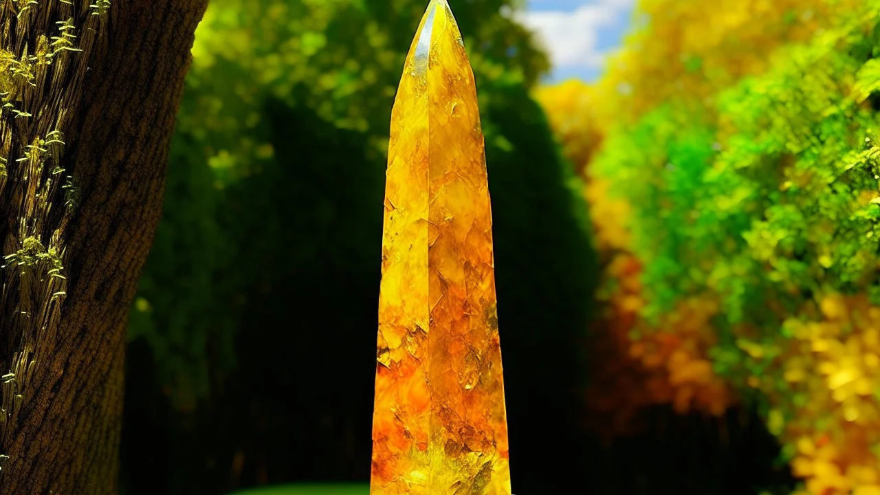 A yellowish orange colored crystal obelisk painted by Claude Monet