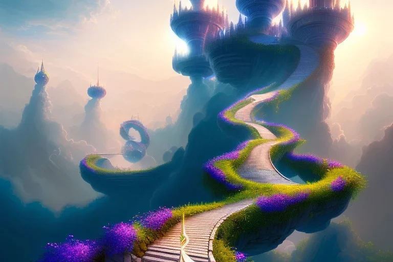 mythical mystical long stairway up to heaven in the sky, beautiful colours, fine art, trending on artstation