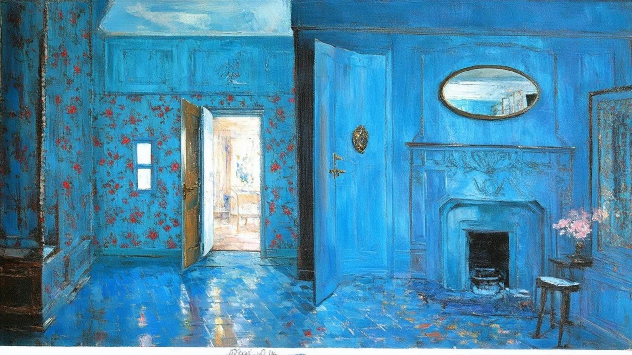 Image is a painting titled 'Blue Room' from 1960, measuring 28 by 50 inches. It depicts an interior scene with a predominantly blue color palette. The room features a patterned blue wallpaper with red floral designs. On the left, an open door reveals a bright light source, casting a warm glow into the room. The floor is a reflective blue, enhancing the room's cool tone. A large, oval mirror hangs above a simple fireplace on the right wall, which is adorned with a subtle geometric pattern. To the