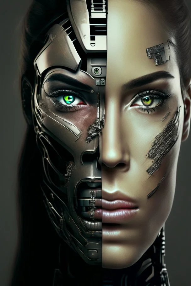 a face depicting half woman and half cyborg