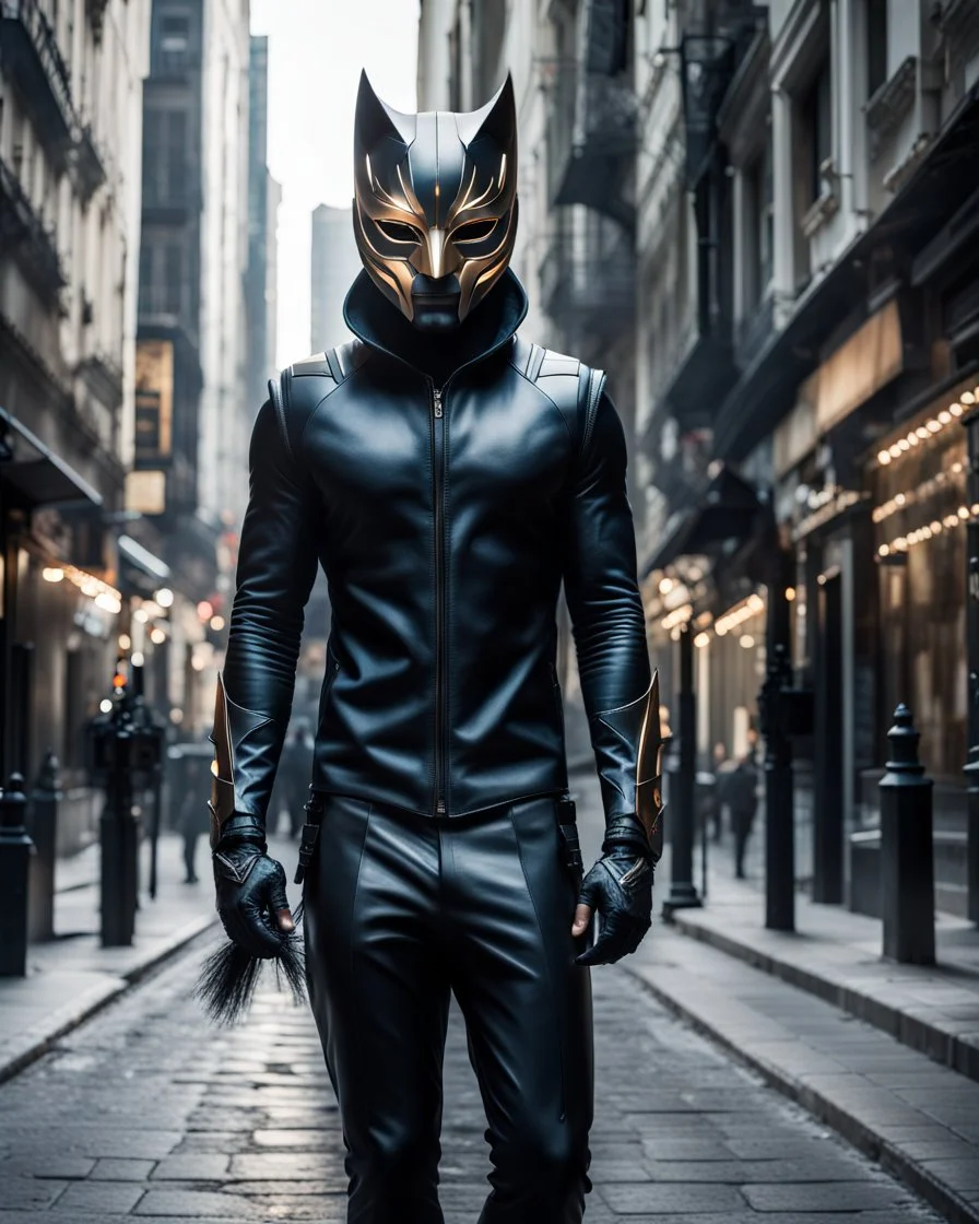 full body portrait of the catman with stylized mask on his eyes and forehead.conceptual art, hyper detailed, ultra quality, 12k walking in the city