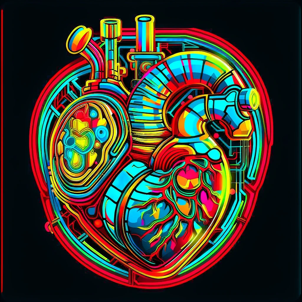 FLAT VECTOR LAYERED 2-D MULTICOLORED COMPLIMENTARY NEON MECHANICAL HUMAN HEART, METALLIC,