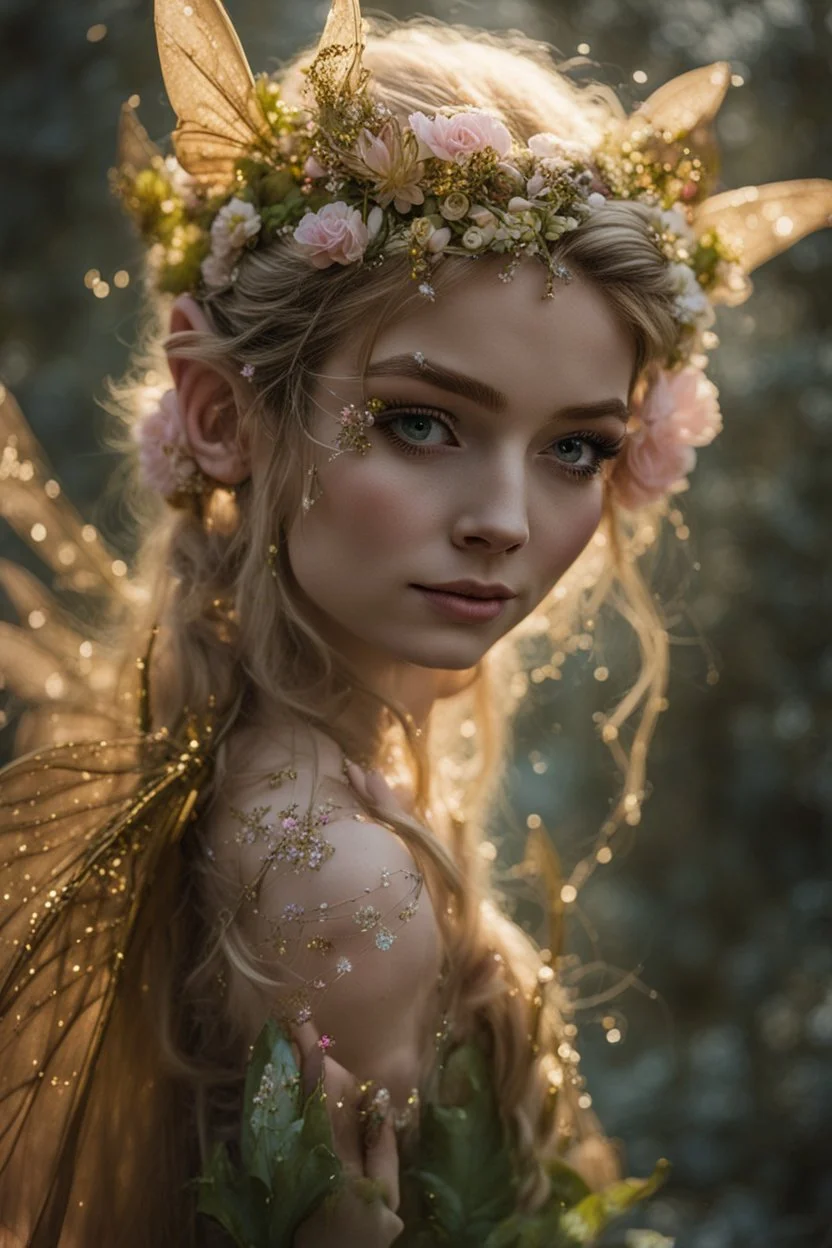 Pink flower crown,Pointed elven ears,Blonde hair ,Pink dress,Sparkling fairy wings,Very long golden hair,Fairy crown,pointed ears,elven ears,fairy wings,water lilies,sparkling,glittering,flowers,blossoms,golden crown,light pink dress